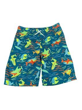 Boys Lands End Shark Print Swim Trunks XL (14-16) Elastic Waist Blue Multicolor